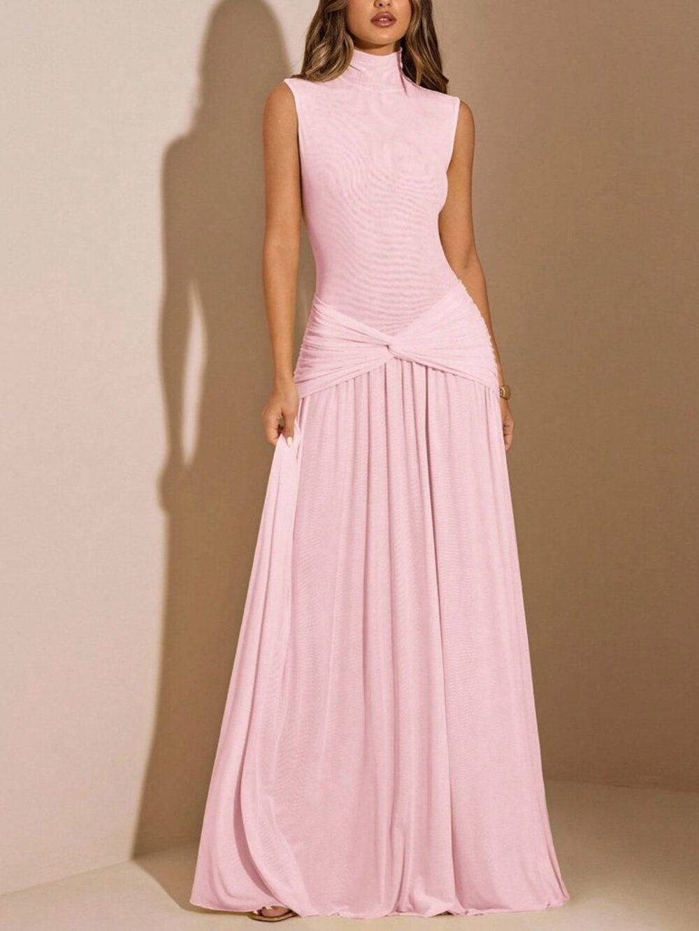 Pink Elegant Women's Maxi Sleeveless Turtleneck Bodycon Dress
